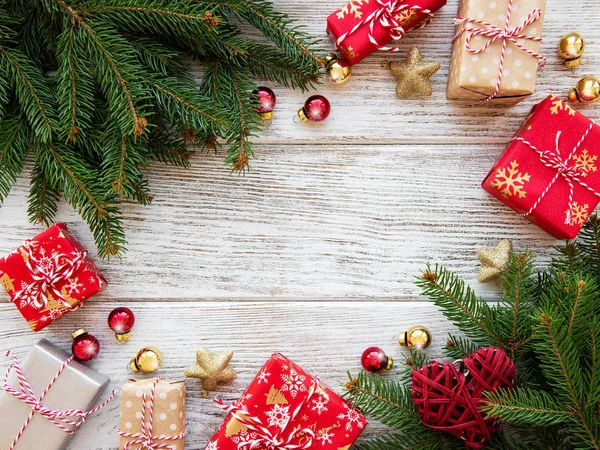 Fondo Navidad Con Decoraciones Cajas Regalo Tablero Madera —  Fotos de Stock