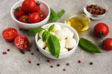 İtalyan gıda maddeleri - mozzarella, fesleğen, domates ve baharatlar