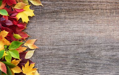 eski ahşap bir masa üzerinde sonbahar yaprakları