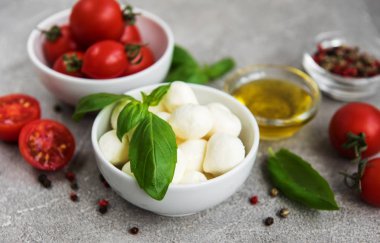 İtalyan gıda maddeleri - mozzarella, fesleğen, domates ve baharatlar