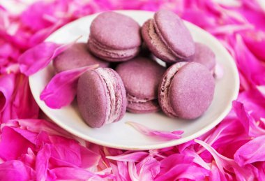 Beyaz ahşap bir masa üzerinde macarons ile pembe şakayık yaprakları
