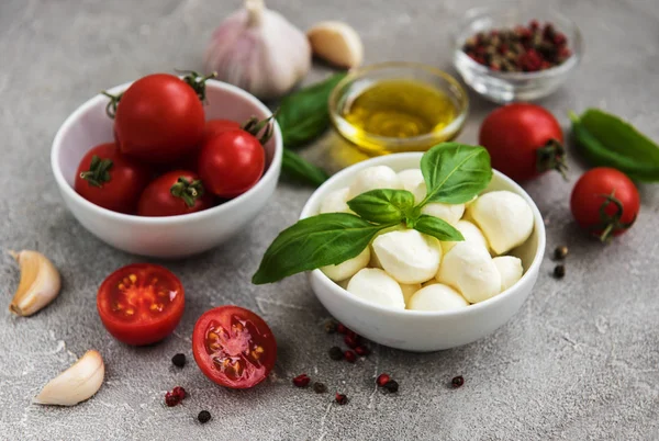 İtalyan gıda maddeleri - mozzarella, fesleğen, domates ve baharatlar
