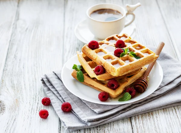 Homemade Waffles Berries Plate Old Wooden Background — Stock Photo, Image
