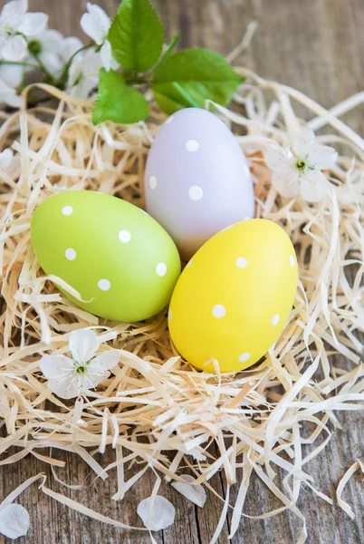 Nest Easter Eggs Spring Blossom Old Wooden Background — Stock Photo, Image