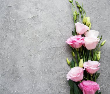 Beton zemin üzerine taze pembe eustoma çiçekli çerçeve