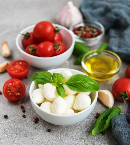İtalyan gıda maddeleri - mozzarella, fesleğen, domates ve baharatlar