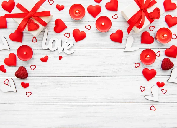Día San Valentín Fondo Romántico Las Velas Las Cajas Regalo —  Fotos de Stock