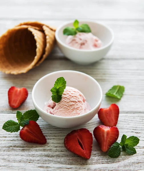 Strawberry Ice Cream Waffle Cone Wooden Background — Stock Photo, Image