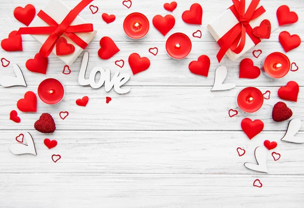 Valentines Day Romantic Background Candles Gift Boxes Decorative Hearts Wooden — Stock Photo, Image