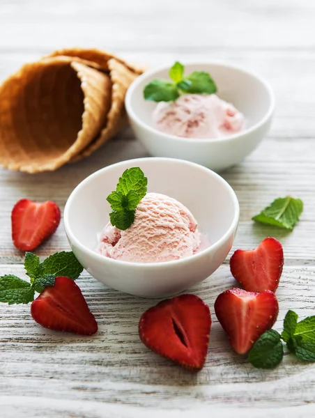 Strawberry Ice Cream Waffle Cone Wooden Background — Stock Photo, Image