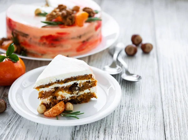 Carrot Cake Decorated Tangerines Nuts Rosemary — Stock Photo, Image