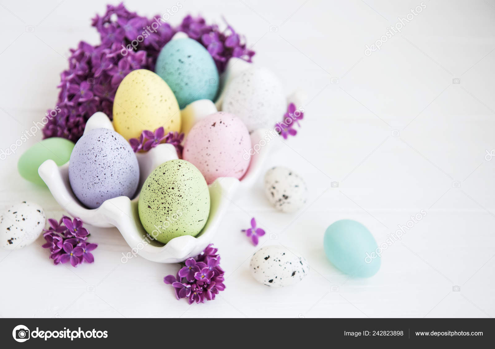 Easter Eggs Tray Lilac Flowers Stock Photo C Almaje 242823898