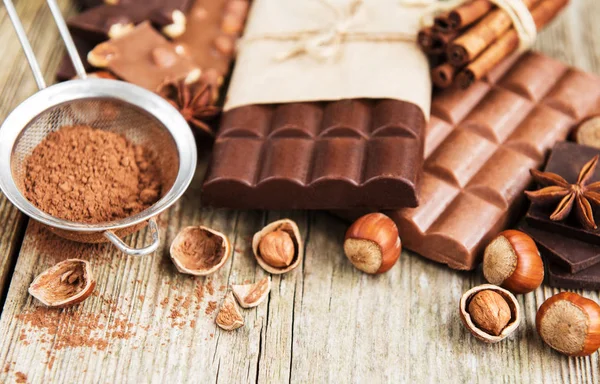 Chocolate Cacao Polvo Sobre Una Vieja Mesa Madera —  Fotos de Stock