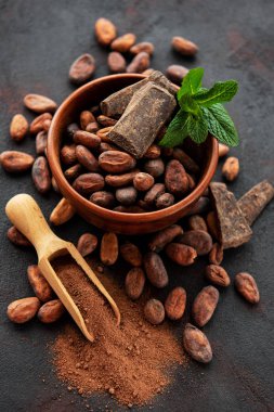 Doğal kakao çekirdekleri ve siyah bir zemin üzerine kakao tozu