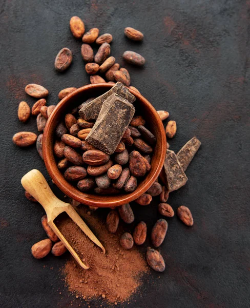 Doğal kakao çekirdekleri ve siyah bir zemin üzerine kakao tozu