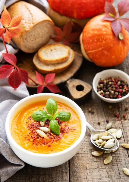 Schüssel mit Kürbissuppe — Stockfoto