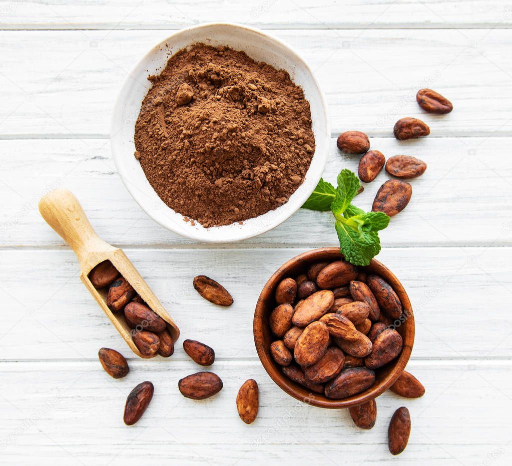 Bowl with Cocoa powder and beans