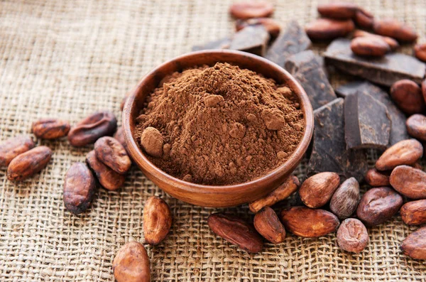 Cacao en polvo, chocolate y frijoles — Foto de Stock