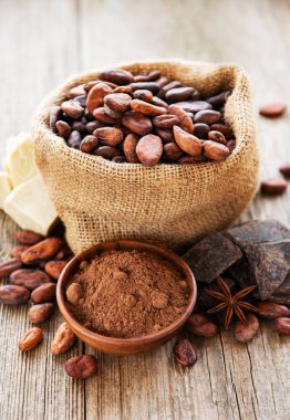 Kakao çekirdekleri ve çikolata çantada 