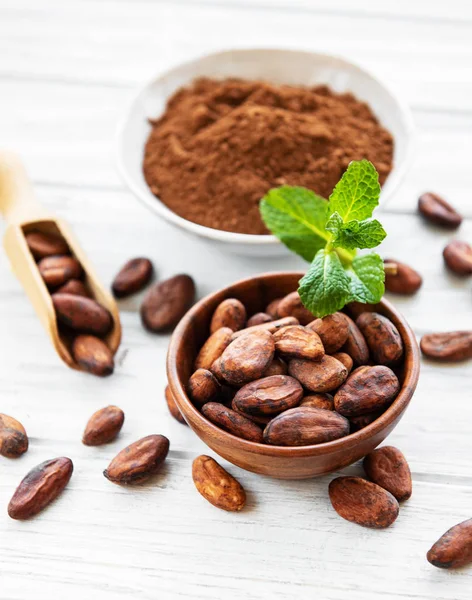 Cuenco con cacao en polvo y frijoles — Foto de Stock