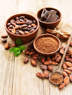 Ahşap bir arka plan üzerinde doğal kakao tozu, çikolata ve kakao çekirdekleri