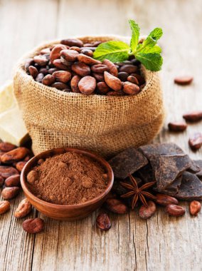 Kakao çekirdekleri ve çikolata çantada 