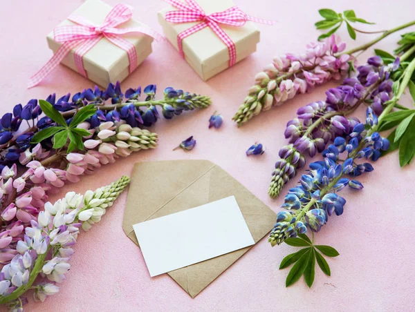 Mockup greeting card  with lupine flowers — Stock Photo, Image