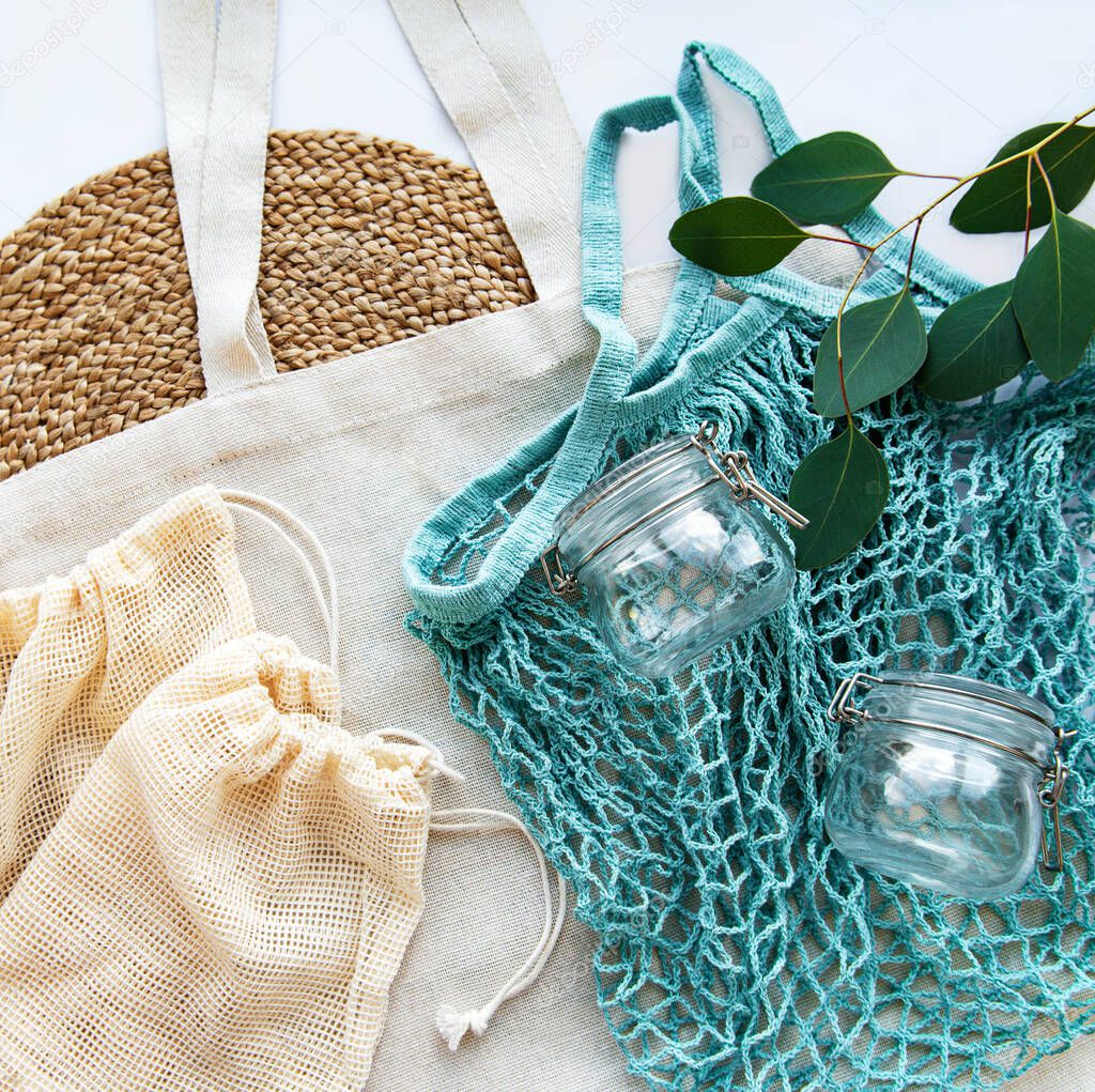 Cotton bags, net bag with reusable  glass jars. Zero waste concept. Eco friendly. Flat lay