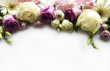 Beyaz arkaplandaki çiçeklerin iskeleti. Düz yatıyordu.