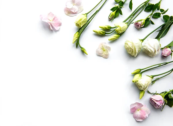 Πλαίσιο Από Λουλούδια Λευκό Φόντο Επίπεδη — Φωτογραφία Αρχείου