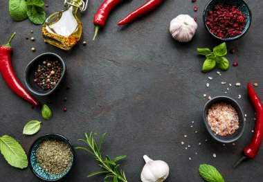 Frame of spices, herbs and vegetables on a dark stone background. Top view, flat lay.