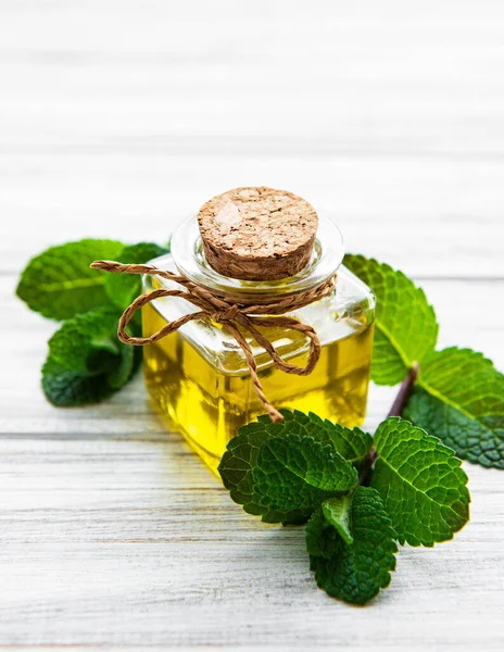 Essential Aroma Oil Mint Wooden Background — Stock Photo, Image