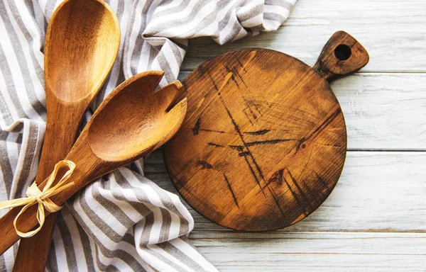 Old Vintage Kitchen Utensils Wooden Spoons Cutting Board Napkin White — Stock Photo, Image