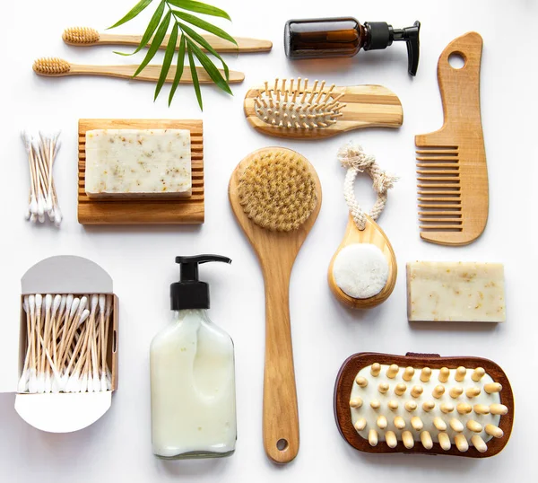 Zero Waste Natural Cosmetics Products White Background Flat Lay — Stock Photo, Image