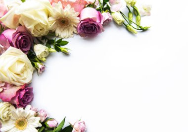 Beyaz arkaplandaki çiçeklerin iskeleti. Düz yatıyordu.