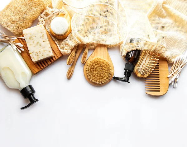 Zero Waste Natural Cosmetics Products White Background Flat Lay — Stock Photo, Image