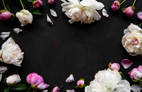 Fresh pink peony flowers border with copy space on black concrete  background, flat lay.