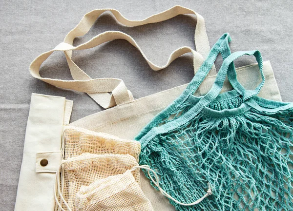 Cotton bags, net bag. Zero waste concept. Eco friendly. Flat lay