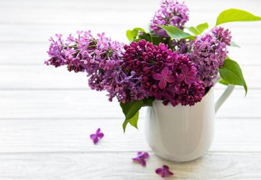 Bahar buketi. Beyaz bir ahşap masadaki vazoda yağlı çiçekler.