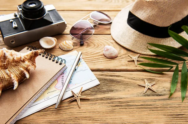 Summer Holiday Background Travel Concept Camera Wooden Table Background Flat — Stock Photo, Image