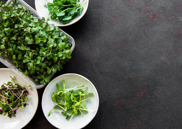 Assortiment Van Micro Greens Zwarte Achtergrond Kopieerruimte Bovenaanzicht Gezonde Levensstijl — Stockfoto