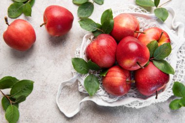 Yeşil yapraklı olgun kırmızı elmalar sağlıklı beslenme ve sürdürülebilirliği teşvik etmek için yeniden kullanılabilir beyaz ağ alışveriş poşetinde düzenlenir.