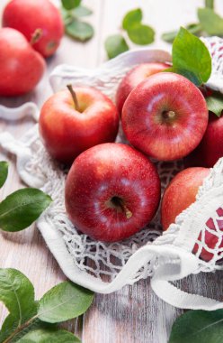 Olgun kırmızı elmalar tekrar kullanılabilir bir alışveriş torbasında oturup sürdürülebilir uygulamaları ve sağlıklı beslenmeyi somutlaştırır.