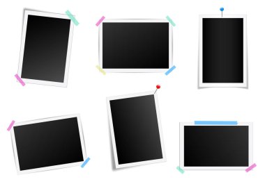 Yaratıcı vektör çizim set gölgeler arka plan üzerinde izole kare fotoğraf çerçevesi. Retro sanat tasarım. Gerçekçi örnekler. Renkli Yapışkan bantlar, itme pimleri. Soyut kavram grafik öğesi