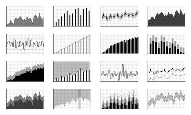İş veri mali çizelgeleri yaratıcı vektör Illustration. Finans diyagramı sanat tasarım. Büyüyen ve düşen piyasa hisse senedi analizi grafik kümesi. Kavram Grafik rapor öğesi. Kar Özet Araçları