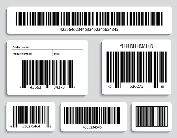 Ilustración vectorial creativa de códigos QR, etiquetas de embalaje, código de barras en pegatinas. Datos de escaneo de productos de identificación en la tienda. Diseño de arte. Concepto abstracto elemento gráfico — Archivo Imágenes Vectoriales