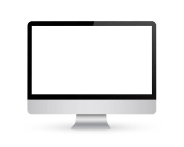 Yaratıcı vektör çizim render monitör boş ekran üzerinde arka izole ile sahte. Bilgisayar ekranı, fare, klavye. Sanat tasarım. 3D açık görüş. Soyut kavram grafik öğesi