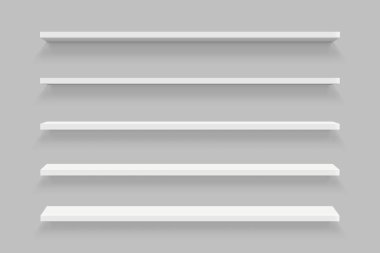 Yaratıcı vektör Illustration boş raflar üzerinde arka izole duvarda ayarla. Sanat tasarım şablonu mockup. Dükkan için soyut kavram grafik öğesi