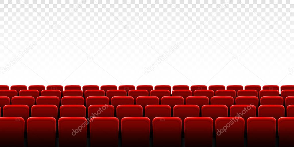 Creative vector illustration of movie cinema screen frame and theater interior. Art design premiere poster background, lights and rows red seats. Abstract concept graphic scene element