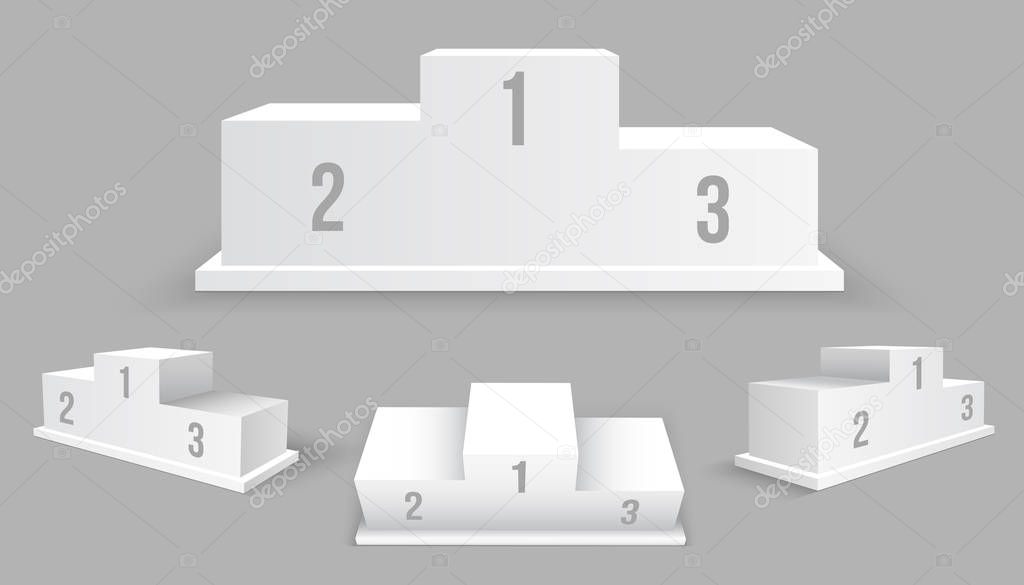 Creative vector illustration of 3d business winners podium in different view isolated on background. Art design pedestal with first, second, third place for award ceremony. Abstract concept graphic